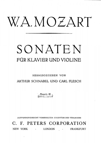 Mozart - Violin Sonata - Scores and Parts - Piano Score, including cover and contents of the edition.