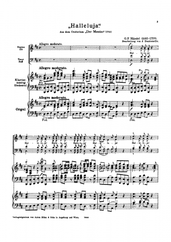 Handel - Messiah - Chorus: Hallelujah (Part II) For Mixed Chorus, Piano and Organ (Dantonello) - Score