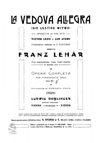 Lehár - Die lustige Witwe / The Merry Widow - For Piano solo (Volk) - Score
