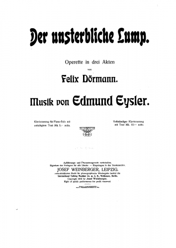 Eysler - Der unsterbliche Lump - Vocal Score - Score