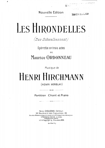 Hirschmann - Les hirondelles - Vocal Score - Score