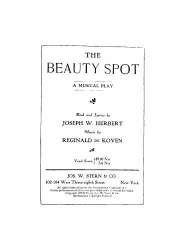 De Koven - The Beauty Spot - Vocal Score - Score