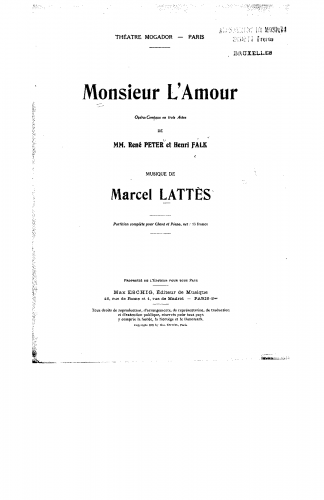 Lattès - Monsieur l'amour - Vocal Score - Score