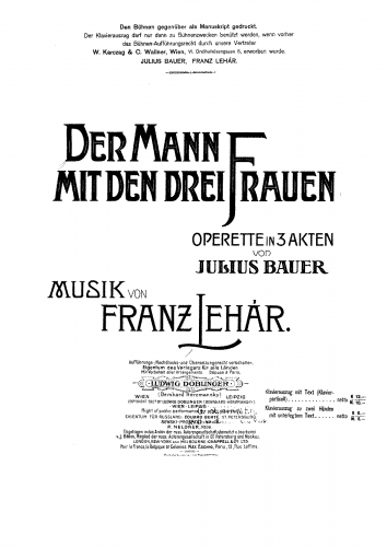 Lehár - Der Mann mit den drei Frauen - Vocal Score - Score