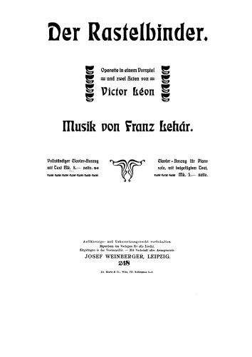 Lehár - Der Rastelbinder - Vocal Score - Score