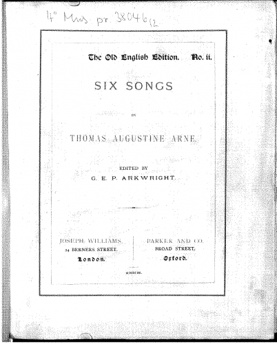Arne - 6 Songs - Vocal Score - Score