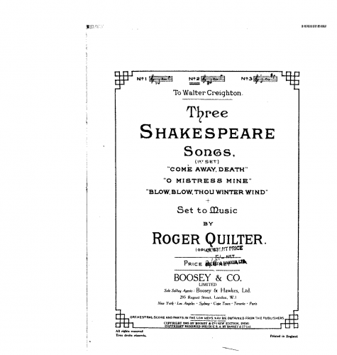Quilter - Three Shakespeare Songs - Score