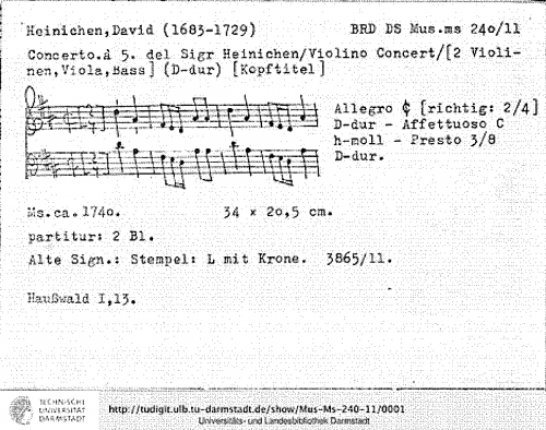 Heinichen - Violin Concerto in D major, SeiH 224 - Score