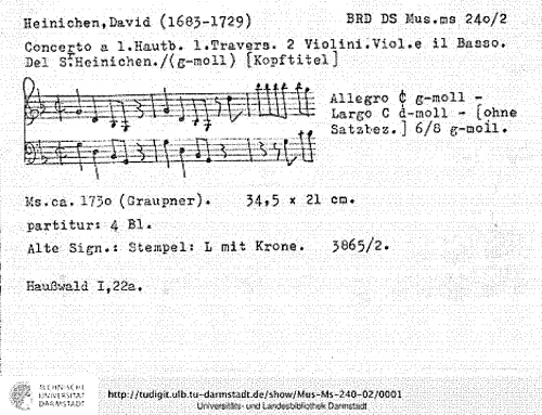 Heinichen - Concerto for Oboe and Flute in G minor, HauH 1.22a - Score