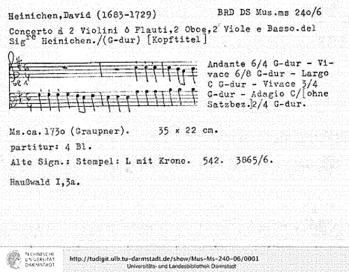 Heinichen - Concerto in G major, SeiH 215 - Score