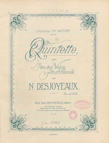 Desjoyeaux - Piano Quintet - Scores and Parts