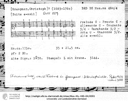 Graupner - Suite in E minor, GWV 829 - Score