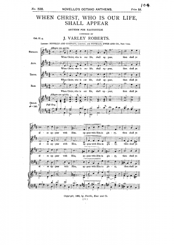 Roberts - When Christ, Who is Our Life, Shall Appear - Vocal Score