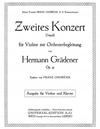 Grädener - Violin Concerto No. 2 - For Violin and Piano