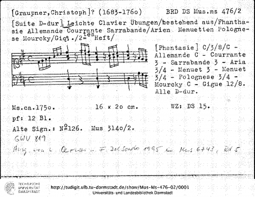 Graupner - Partita in D major, GWV 819 - Score