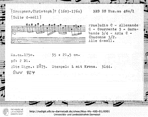 Graupner - Suite in D minor, GWV 824 - Score
