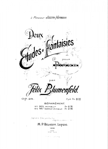Blumenfeld - Two Fantasy-Etudes for Piano, Op. 25 - Score