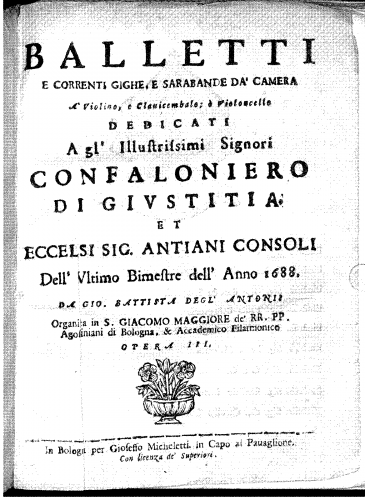 Antonii - Balletti e correnti gighe, e sarabande da camera, Op. 3 - Score