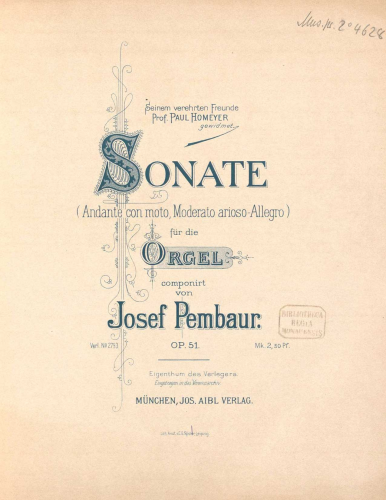 Pembaur - Organ Sonata - Organ Scores - Score