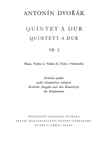 Dvo?ák - Piano Quintet No. 1, Op. 5 - Scores and Parts