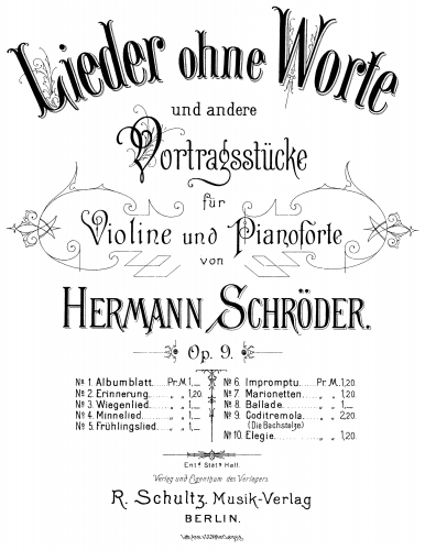 Schröder - Lieder ohne Worte, Op. 9 - Scores and Parts