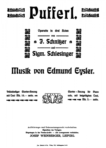 Eysler - Pufferl - For Piano solo - Piano score with supralinear text