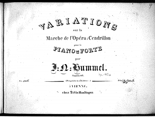 Hummel - Variations sur la marche de l'opéra 'Cendrillon' - Score