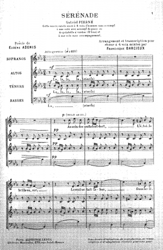 Pierné - Serenade - For Mixed Chorus (Darcieux) - Score