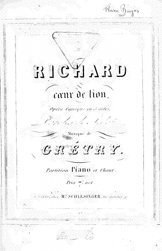Grétry - Richard Coeur-de-Lion - Vocal Score - Score