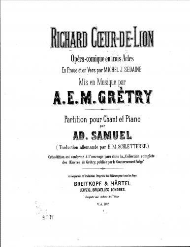 Grétry - Richard Coeur-de-Lion - Vocal Score - French/German Vocal Score