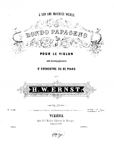 Ernst - Rondo Papageno, Op. 20 - For Violin and Piano - Violin and Piano Parts