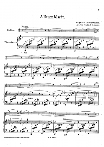 Humperdinck - Albumblatt - For Violin and Piano (Hermann) - Piano Score