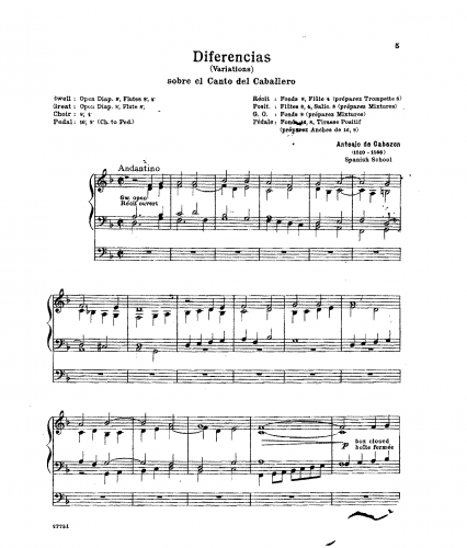 Cabezón - Diferencias sobre 'El Canto del Caballero' - Organ Scores - Score