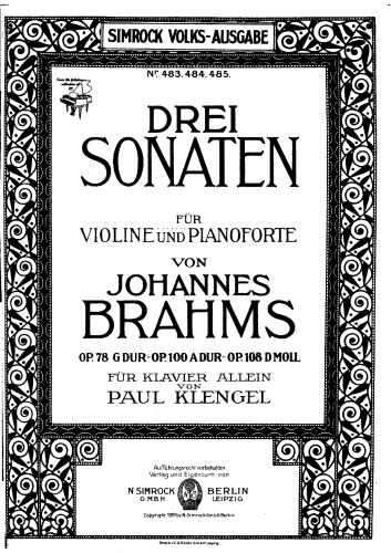 Brahms - Violin Sonata No. 1 - Sonata (transcribed to D Major) For Piano solo (Klengel) - Score
