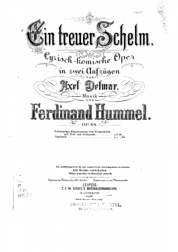 Hummel - Ein treuer Schelm - Vocal Score - Score