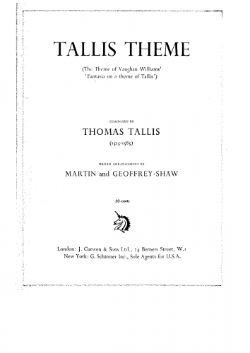 Tallis - Nine Psalm Tunes for Archbishop Parkerâs Psalter - For Organ (Shaw) - Tallis Theme