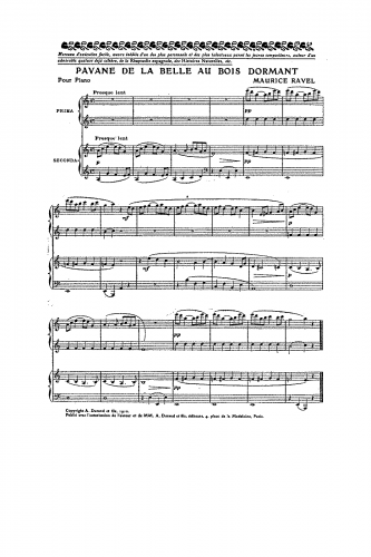 Ravel - Ma Mère l'Oye (cinq pièces enfantines) - Piano Duet Scores Pavane de la Belle au bois dormant (No. 1) - Score