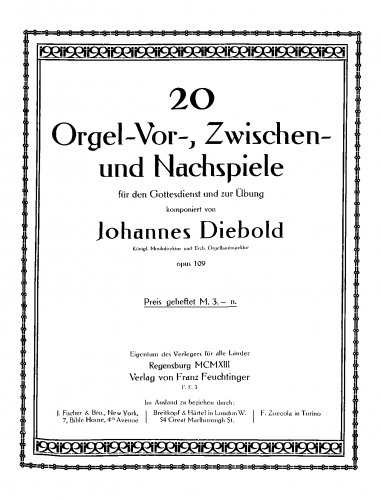 Diebold - 20 Orgel-vor-, zwischen- und nachspiele für den gottesdienst und zur übung - Organ Scores - Score