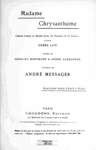 Messager - Madame Chrysanthème - Vocal Score - Score