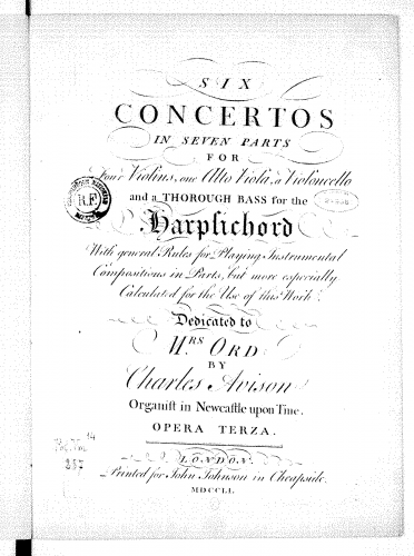Avison - 6 Concertos in 7 Parts, Op. 3 - Scores and Parts