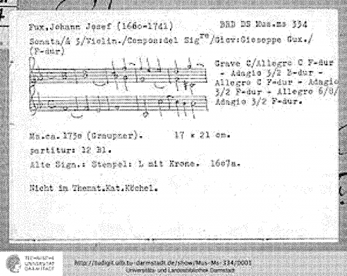 Fux - Sonata for 3 Violins in F major, ULB Mus. Ms. 334 - Full Score - Score