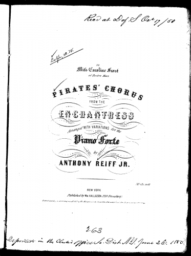 Reiff Jr. - Pirates' Chorus from Balfe's The Enchantress, Arranged with Variations - Score