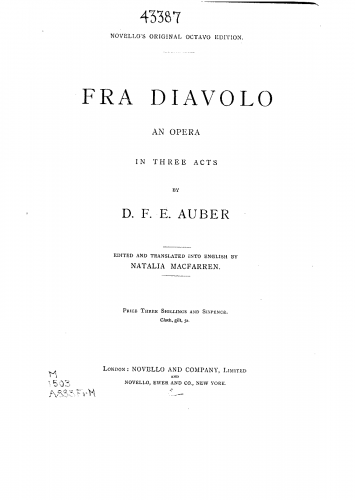 Auber - Fra Diavolo, ou L'hÃ´tellerie de Terracine - Vocal Score - Score
