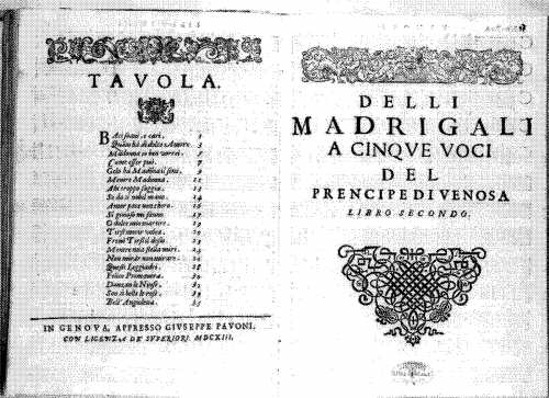Gesualdo - ''Madrigali a Cinque Voci [Libro secondo]'' - Scores and Parts - Score