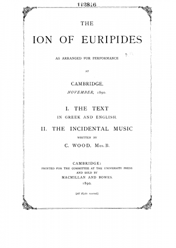 Wood - The Ion of Euripides - Vocal Score - Score