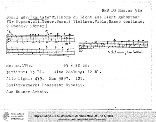 Fasch - Willkomm' du Licht aus Licht geboren, FaWV deest - Score