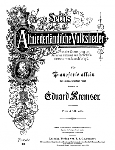 Kremser - 6 Altniederländische Volkslieder - For Piano - Score