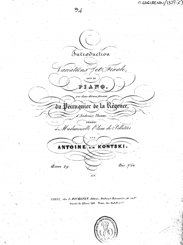 Kontski - Introduction, variations et finale sur deux thêmes favoris du 'Le perruquier de la régence' - Score