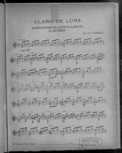 Beethoven - Piano Sonata No. 14 - I. Adagio sostenuto For Guitar (Tárrega) - Score