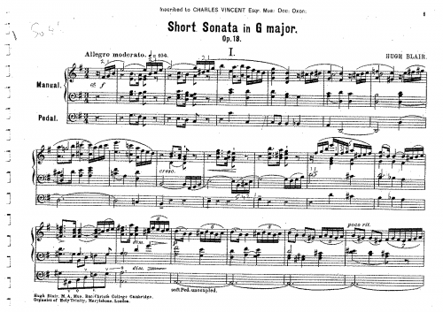Blair - Short Sonata in G major - Organ Scores - Score